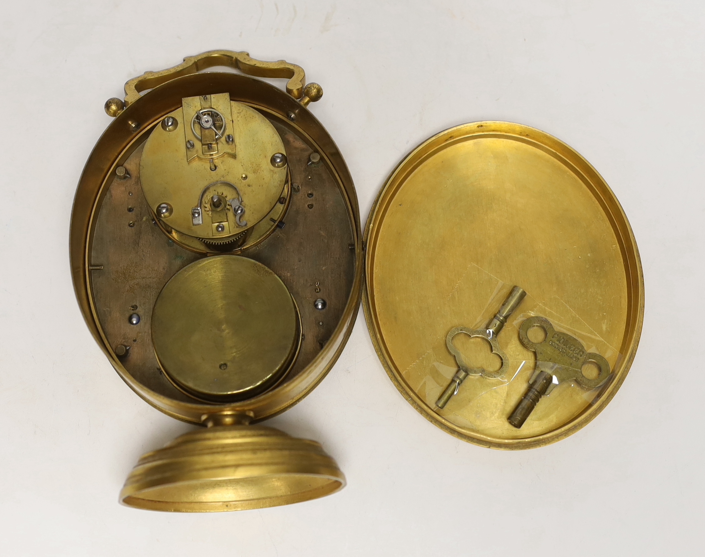 A 19th century gilt metal timepiece barometer with thermometer, 20cm high